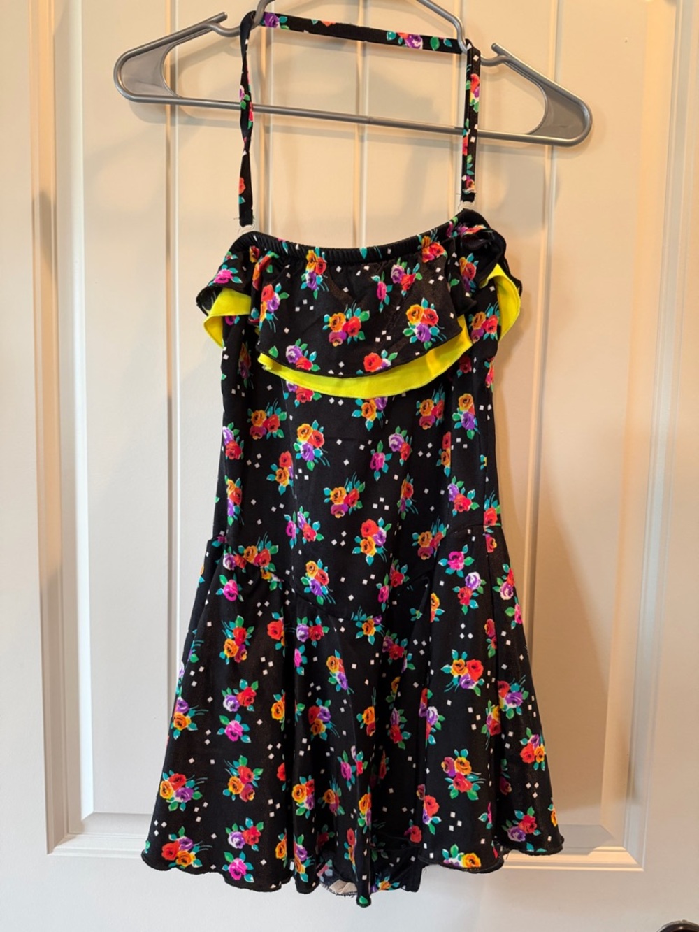 Catalina Vintage Black Floral One-Piece Swimsuit with Neon Yellow Ruffle
